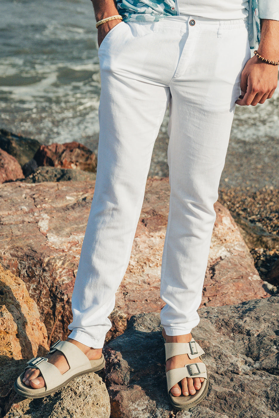 Pantalón hombre mezcla lino blanco