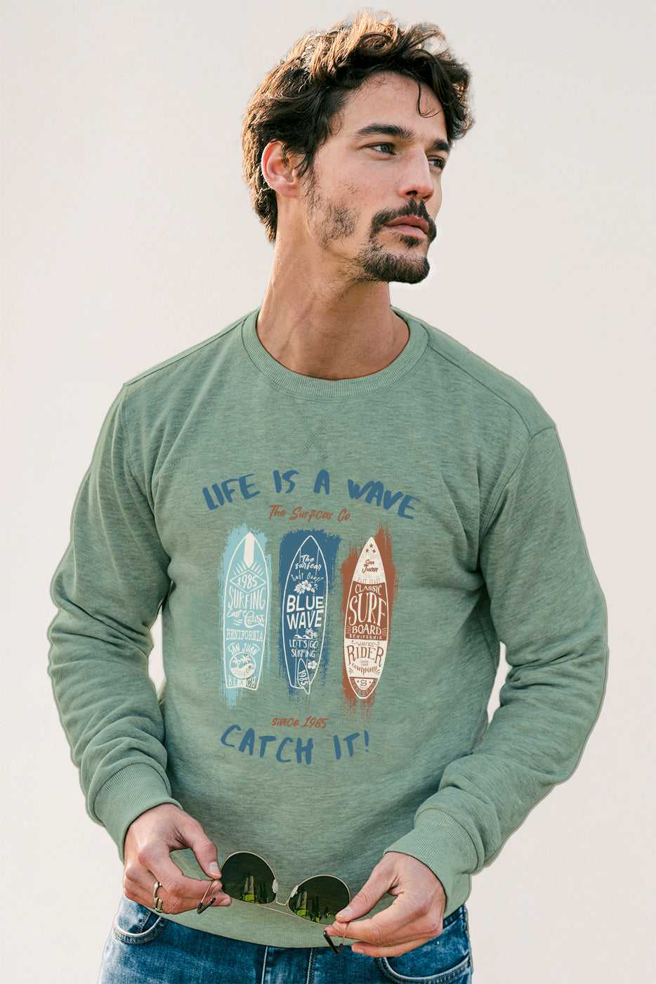 Sudadera hombre verde estampado tablas surf