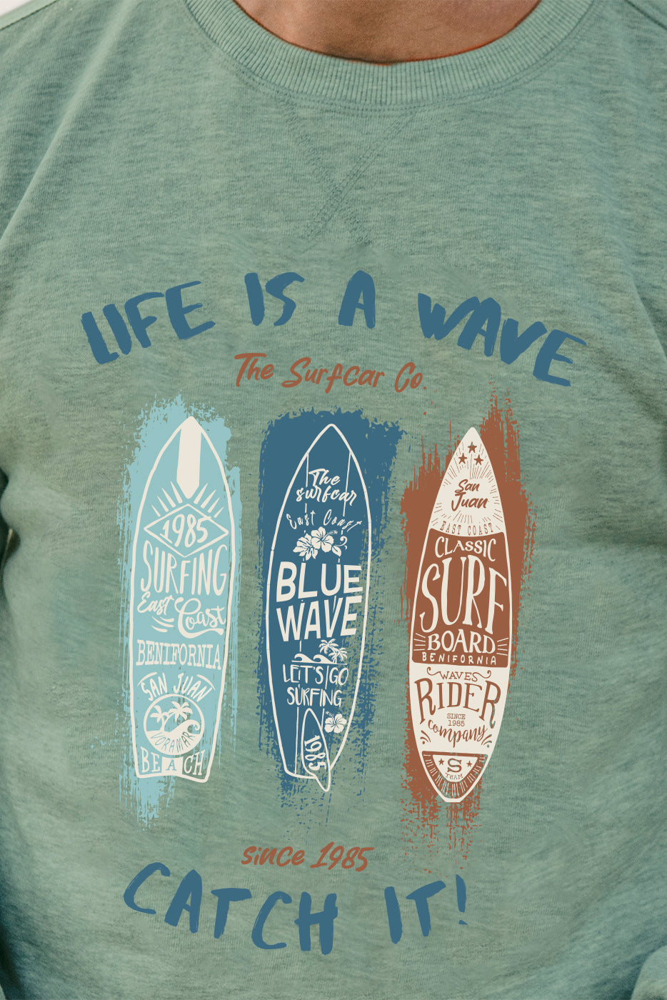Sudadera hombre verde estampado tablas surf