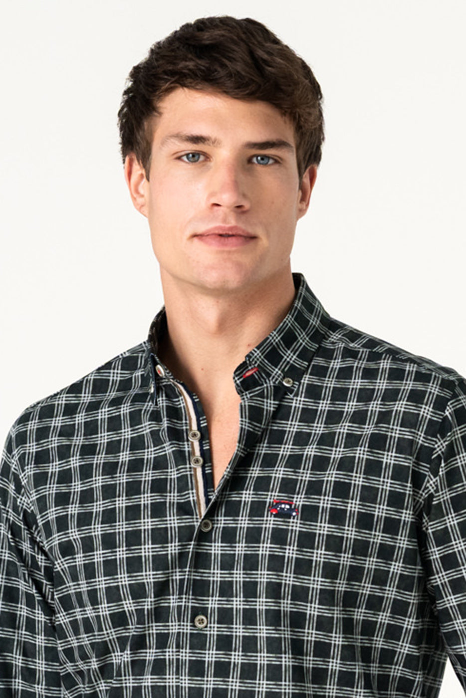 Camisa hombre verde botella diseño cuadros finos casual