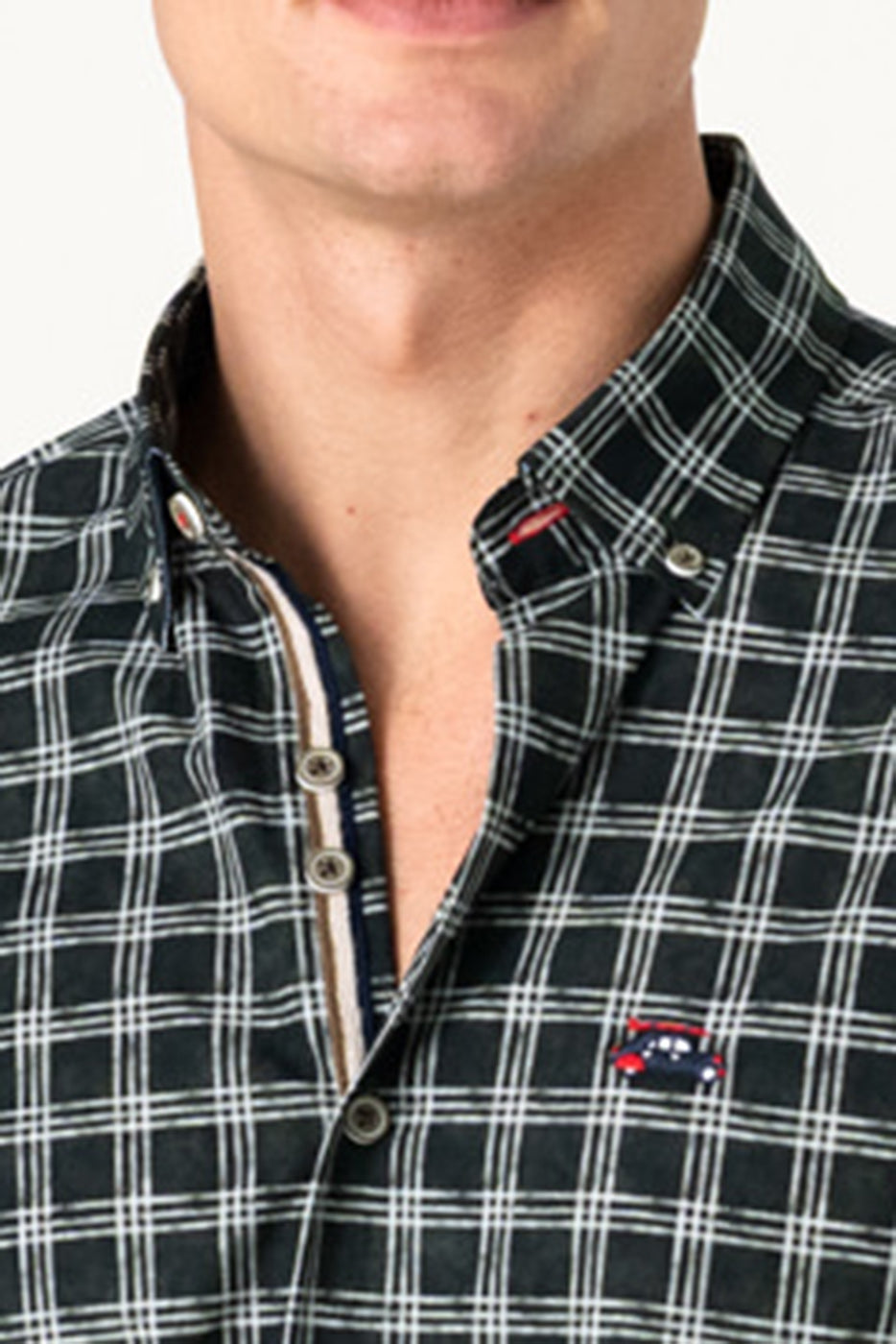 Camisa hombre verde botella diseño cuadros finos casual